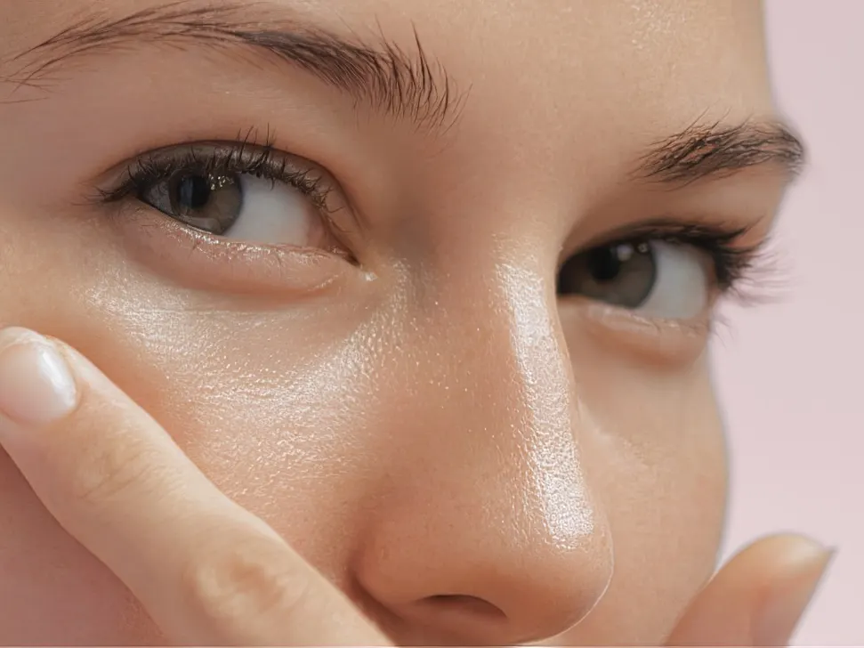 Stock photograph of a model: a woman looking at the camera while pressing two fingertips on either side of a small red spot on her cheek