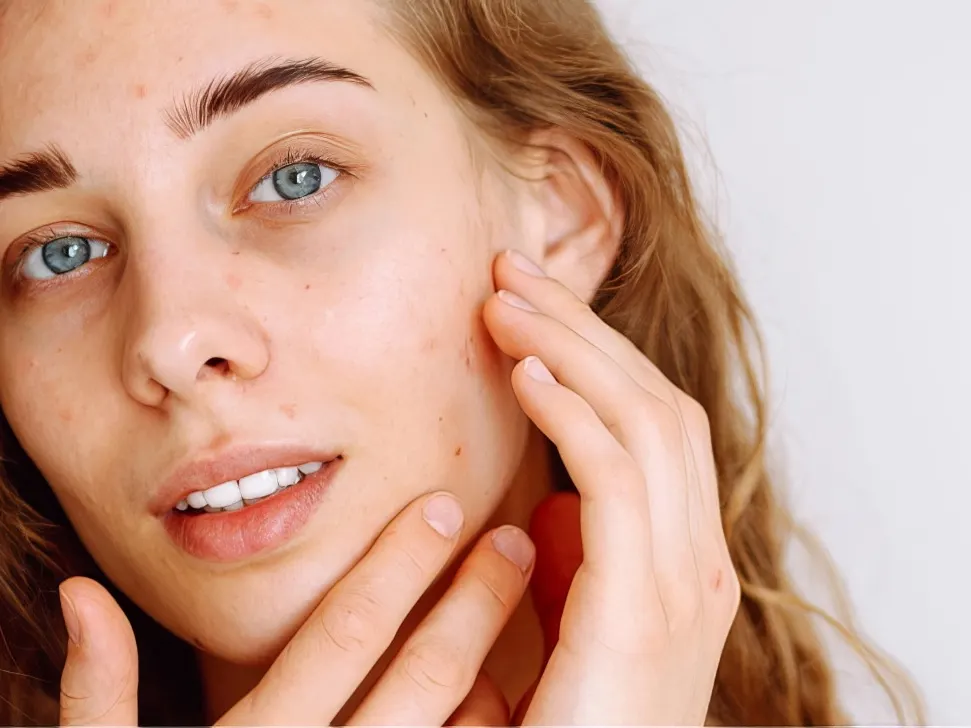Stock photograph of a model: a young woman with wavy hair and blue eyes looking at the camera, one hand on her cheek and one under her chin