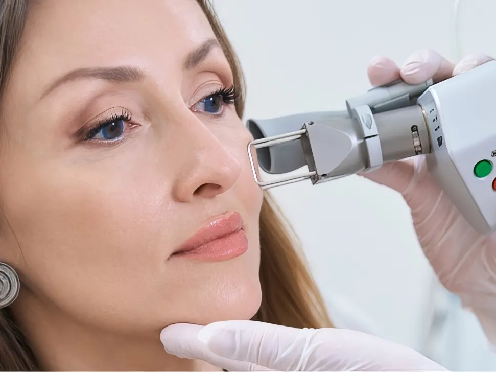 Stock photograph of a model: a woman seated in a reclined chair while a gloved hand holds a laser-style handpiece near her cheek