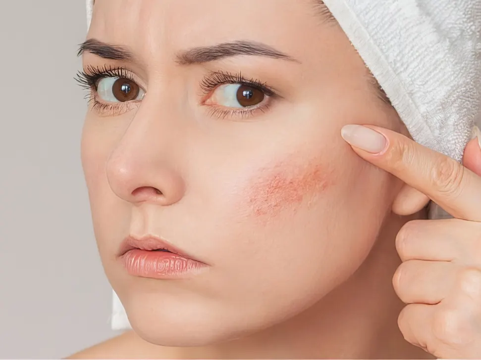 Stock photograph of a model: a woman wearing a white towel on her head, frowning and pointing at a reddened patch on her cheek