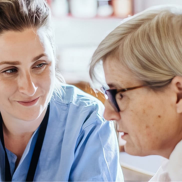 Stock photograph of models: a smiling nurse in blue scrubs talks with an older woman in glasses at a kitchen table